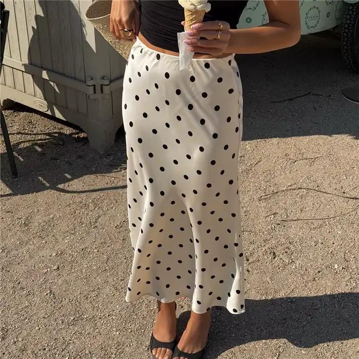Hirigin – jupe mi-longue en satin à pois, style français vintage, taille haute, soyeuse, élégante, i