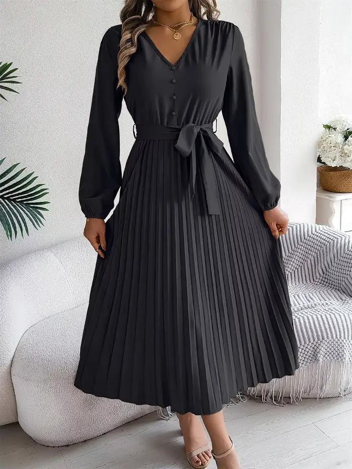 Femmes automne printemps jupe longue robe élégante col en V boutonné à lacets plissé décontracté à m