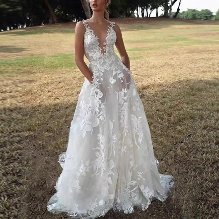 Robes pour femmes 2026 – Robes de mariée européennes en dentelle bouffante, sexy, blanches, à col ha