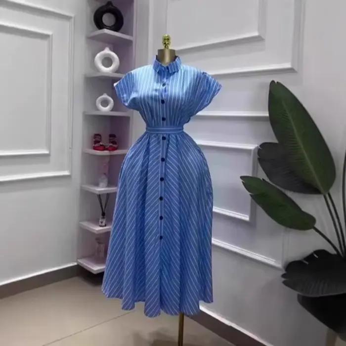 Robe longue femme coupe trapèze col rabattu manches courtes rayée élégante simple boutonnage à lacet