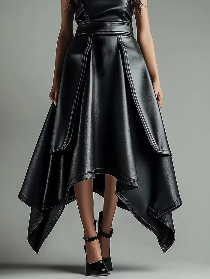 Jupe en cuir PU pour femmes, taille haute plissée, ligne a, ourlet irrégulier, décontractée, noire, 