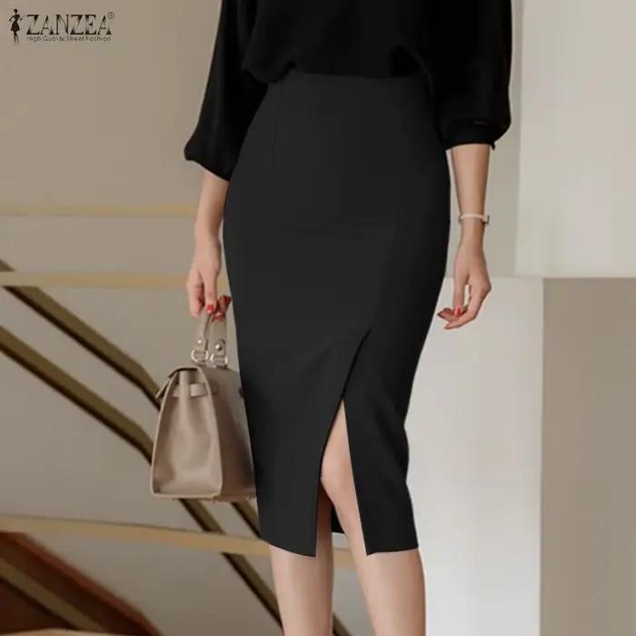 Jupe crayon mi-longue taille haute pour femme ZANZEA, élégante, fendue sur le côté, moulante, décont