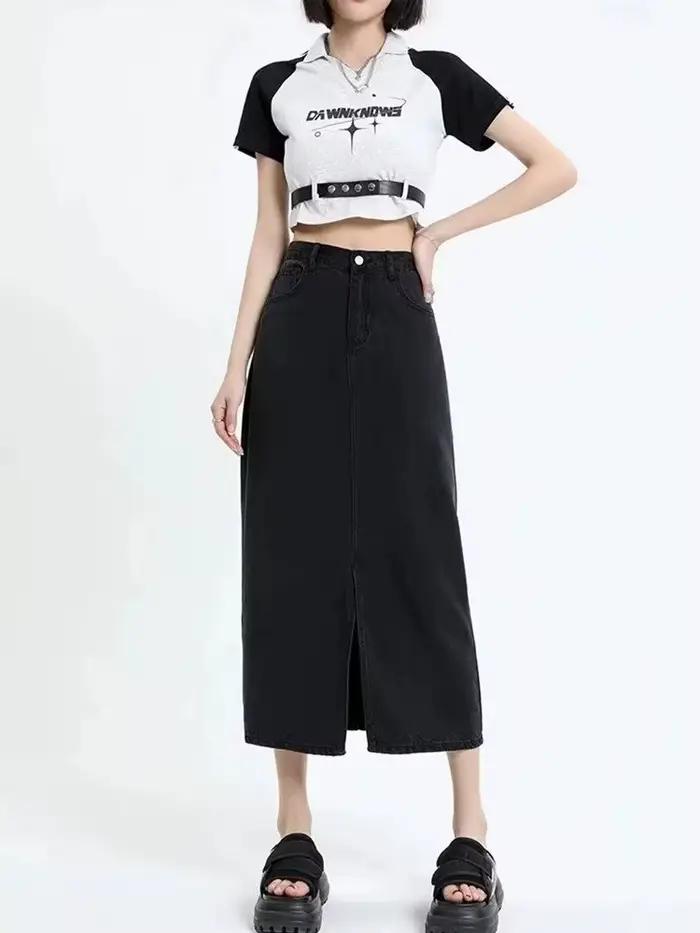 Jupe mi-longue en jean noir New Tang, taille haute, fendue, fine, pour femme, style frais et décontr