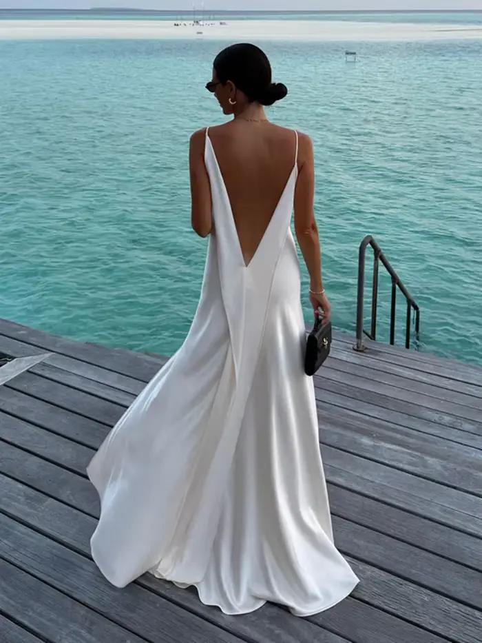 Nouvelle Robe Longue Plissée pour Femme, Col en V Profond, Bretelles Fines, Sans Manches, Dos Nu, Co