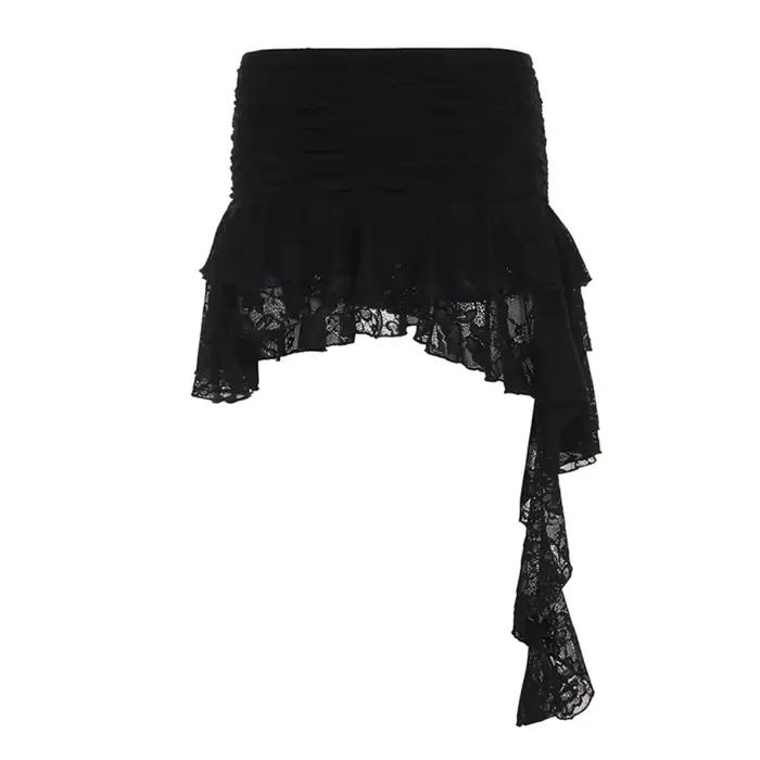 Jupe courte évasée en dentelle douce et irrégulière pour femme, taille haute, avec ruban, en velours