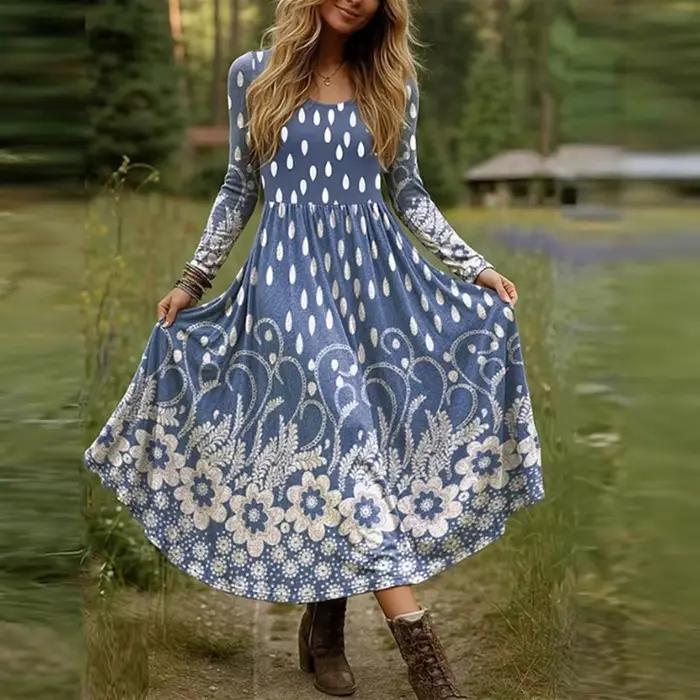 Robe longue style Boho, grande taille, col rond, manches longues, ligne a, robes de soirée pour femm
