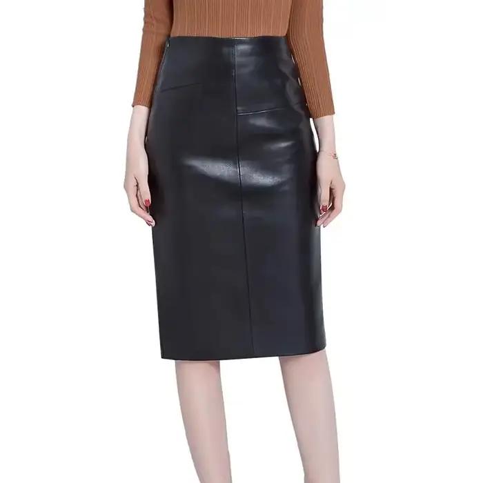 Jupe mi-longue en peau de mouton pour femme, en cuir véritable, taille haute, fendue, paquet de hanc
