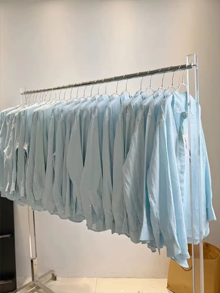 Bleu clair ample à manches longues Blouse femmes automne col rabattu simple boutonnage Blouses Simpl