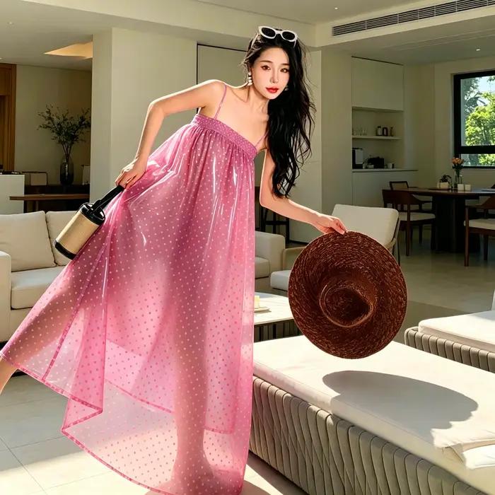 Jupe longue en PVC imperméable pour femme, sexy, élastiquée, transparente, style robe à bretelles, c