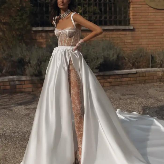 Jupe détachable longueur au sol pour femmes, avec fente haute, ligne a, tendance, robe de soirée de 