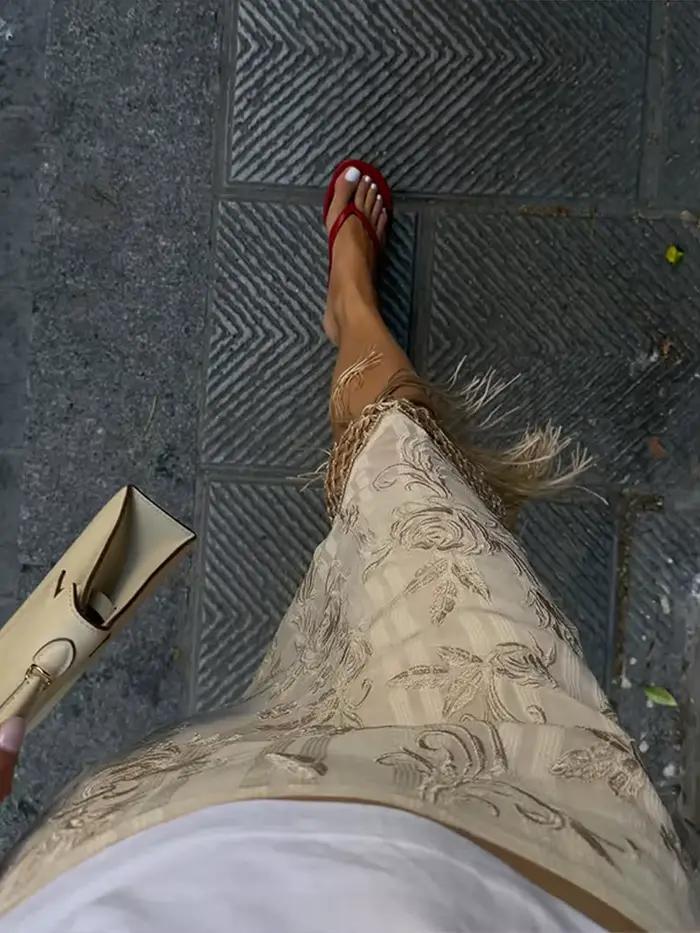 Jupe longue maxi décontractée pour femme avec broderies et pompons, taille haute, coupe ample, nouve