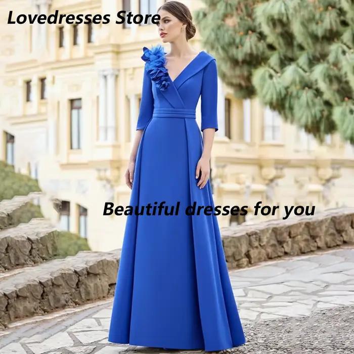 Robes personnalisées pour la mère de la mariée, bleu royal, col en V, manches 3/4, fleurs 3D, robe l