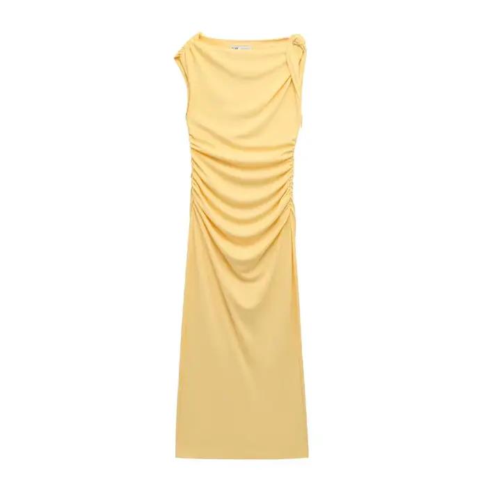 HH – robe fourreau longue élégante pour femmes, jaune, col rond, sans manches, plis décoratifs, ferm