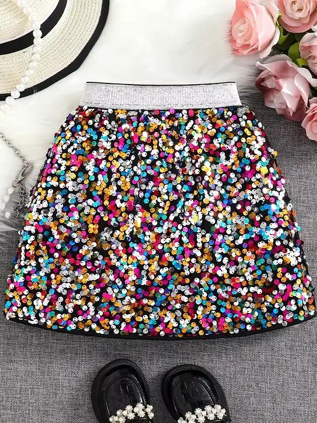 Printemps et automne nouvelle jupe trapèze taille haute à paillettes brillantes pour filles; Une seu