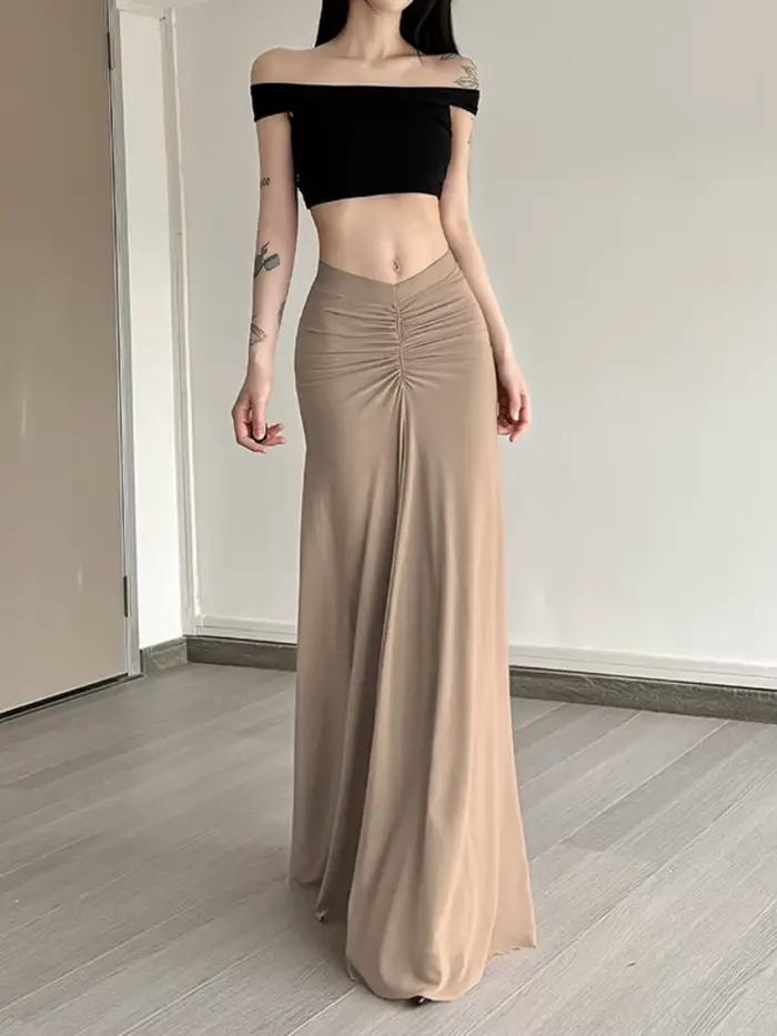 Jupes longues de couleur unie pour femmes, Streetwear moulante Falda Sexy Mujer pliable, mode coréen