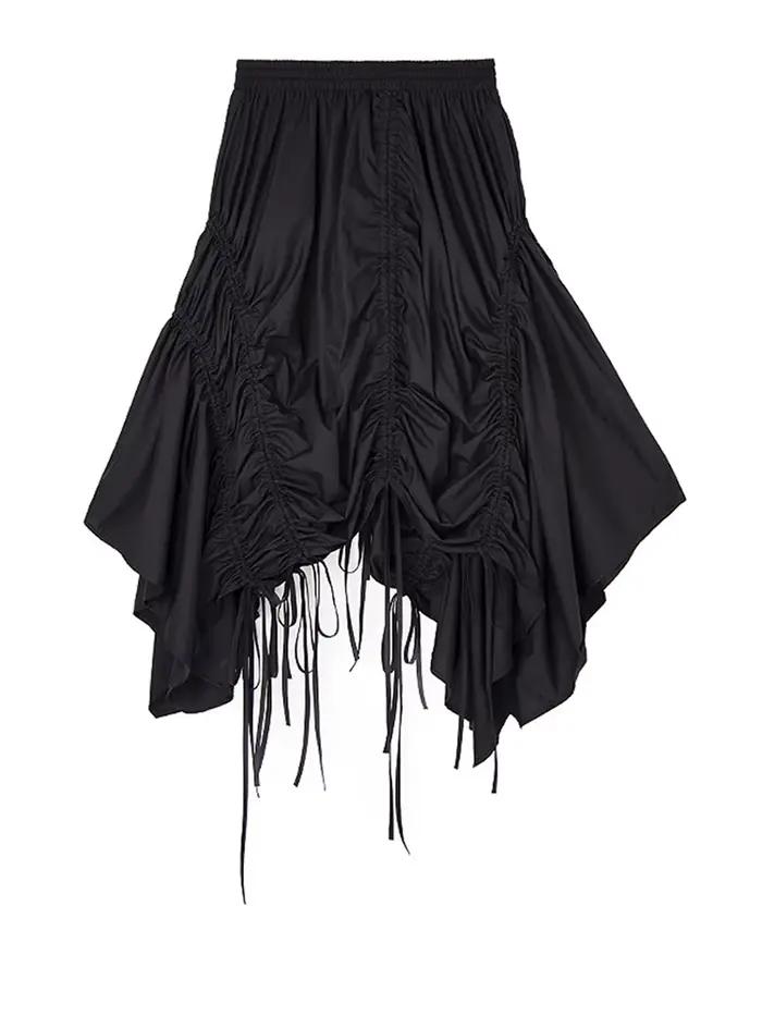 [EAM] taille haute élastique noir ourlet irrégulier cordon demi-corps jupe femmes mode marée nouveau
