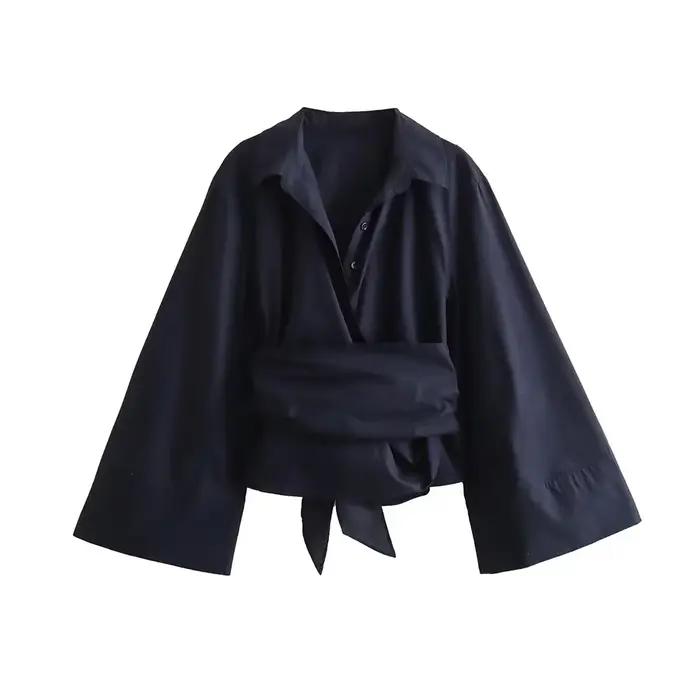 Chemisiers kimono à manches longues pour femmes avec nœud papillon, bouton avant, chemises féminines