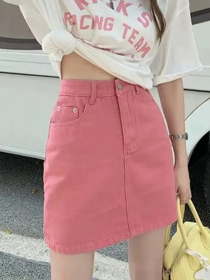 JMPRS-Mini Jupe en Jean Rose Doux pour Femme, Taille Haute, Coréenne, Unie, Décontractée, Vintage, É