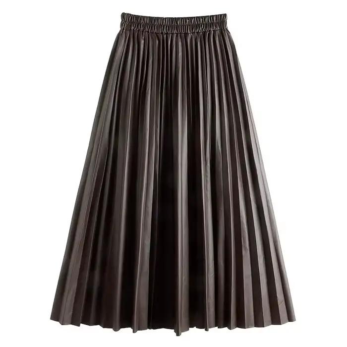 Jupe plissée en cuir PU noir pour femmes, nouvelle collection, taille haute, à la mode, assortie ave