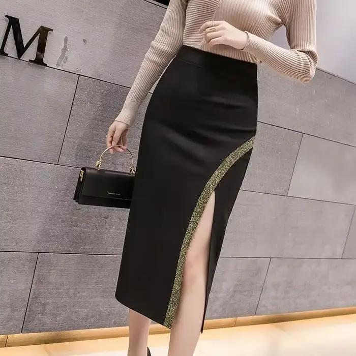 Avec fente Patchwork jupe femme taille haute portefeuille serré femme jupes Midi modeste Y2k Vintage