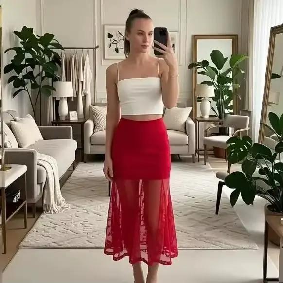 Jupe midi en satin rouge pour femme, taille haute, moulante, sexy, transparente, avec superposition 
