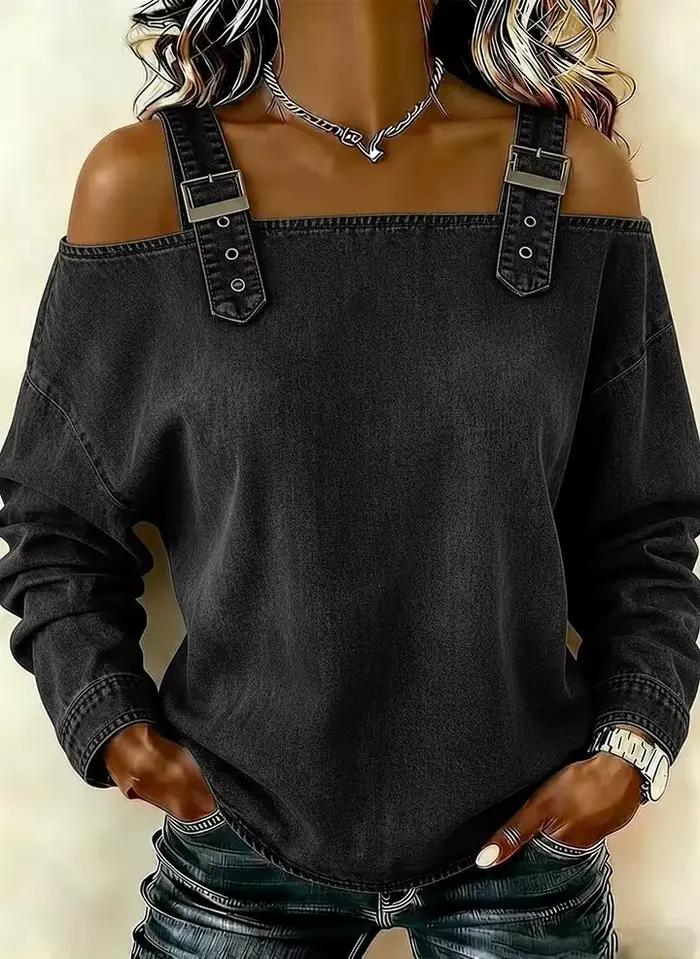 Haut en jean pour femme, élégant, à épaules dénudées, à manches longues avec bretelles, chemise en j