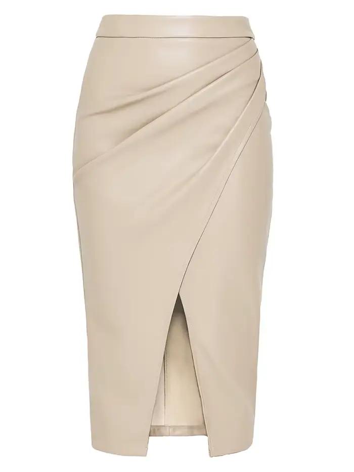 Jupe Fendue en Cuir PU Noir pour Femme, Taille Haute, Fermeture Éclair, Plis, Midi, Bureau, Sexy, Be