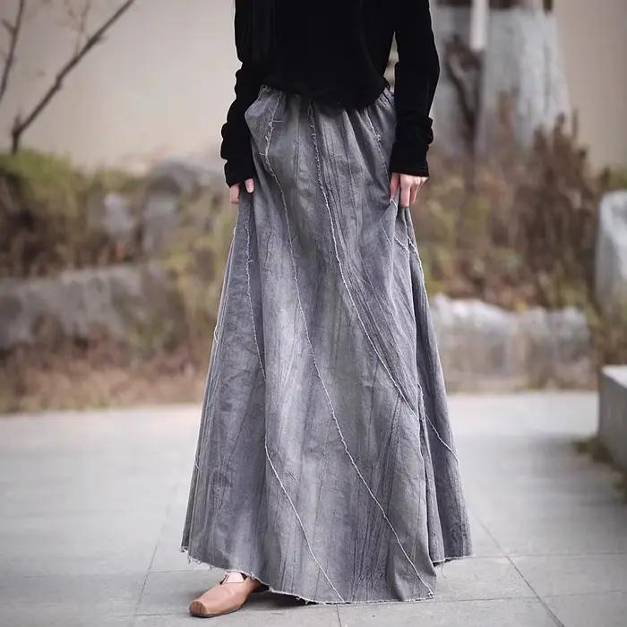 Jupes pour femmes, jupe à empiècements, bords bruts, unie, coupe trapèze, longueur cheville, taille 