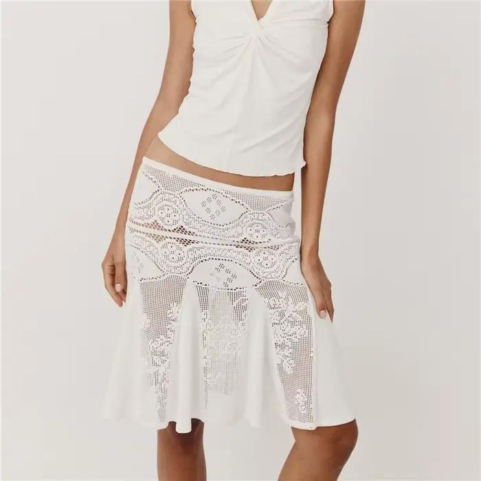 Jupe midi en dentelle crochet pour femme, taille basse, maille florale ajourée transparente, ourlet 