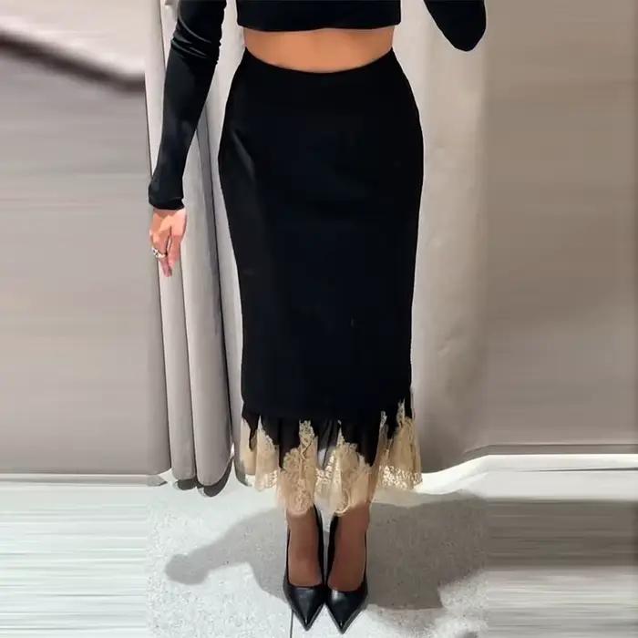 Jupe mi-longue noire pour femmes, ourlet en dentelle, ligne a, taille haute, Slim, printemps-automne