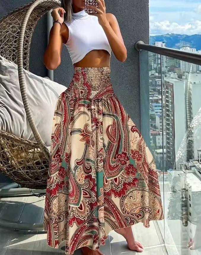 Demi-jupe trapèze à gros volants, imprimé de plage fin, Vintage, taille élastique, motif Floral, été