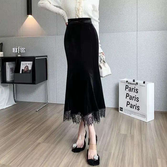 Jupe mi-longue en velours pour femmes, automne 2025, avec pull, dentelle, Patchwork, moulante, fente