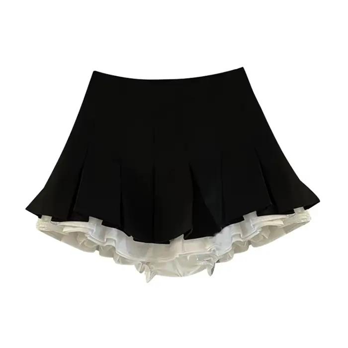 Mini jupe noire à volants pour femmes, jupe plissée en Patchwork coréen, taille haute japonaise, ass