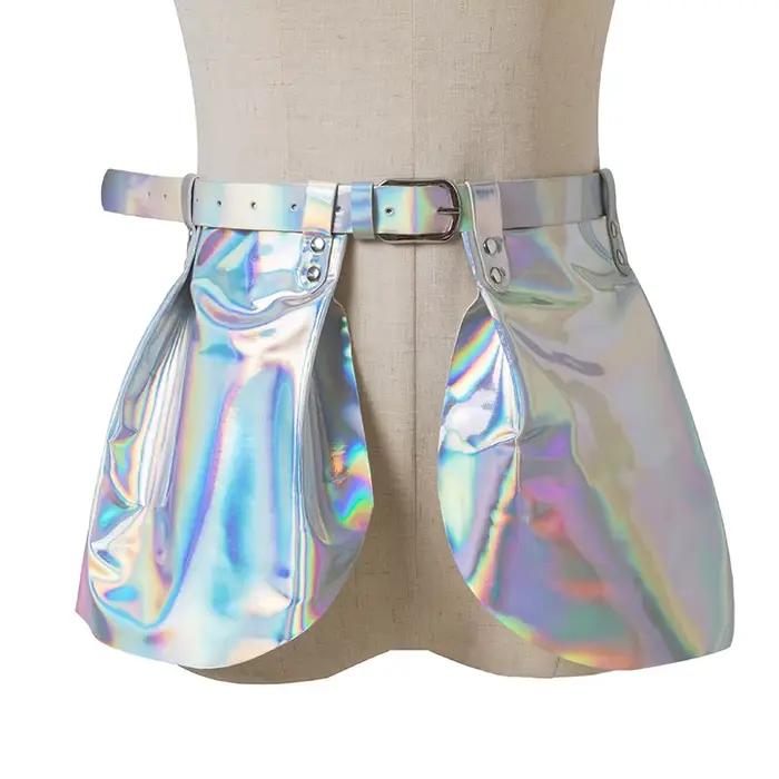 Mini jupe gothique métallique argentée pour femme, hologramme de danse sexy, jupe ceinturée à la tai