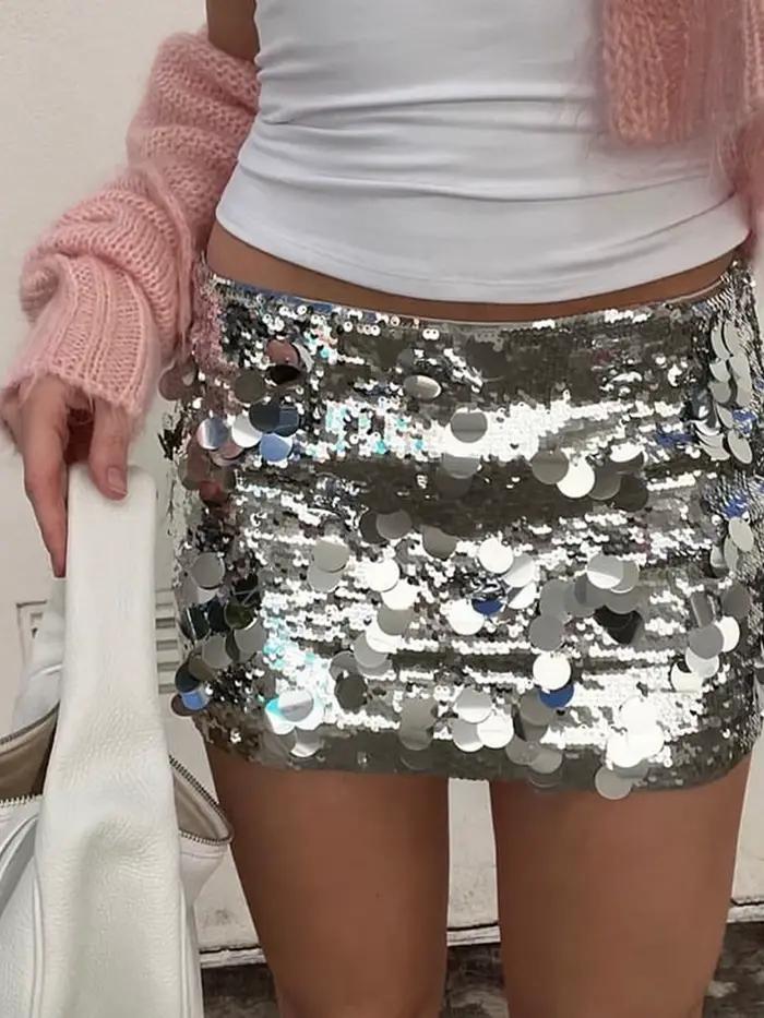 Y2k – jupe Vintage à paillettes pour femmes, taille basse, scintillante, argent, Mini jupe Sexy, sli