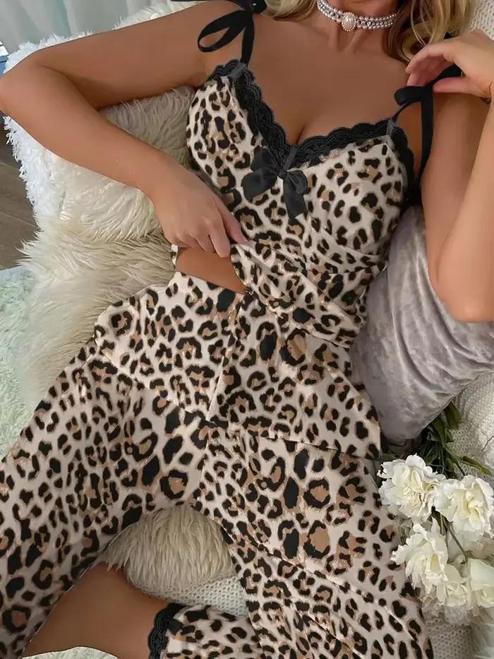 Ensemble pyjama long à imprimé léopard pour femme, pyjama à col en V, ensemble short à bretelles, ti