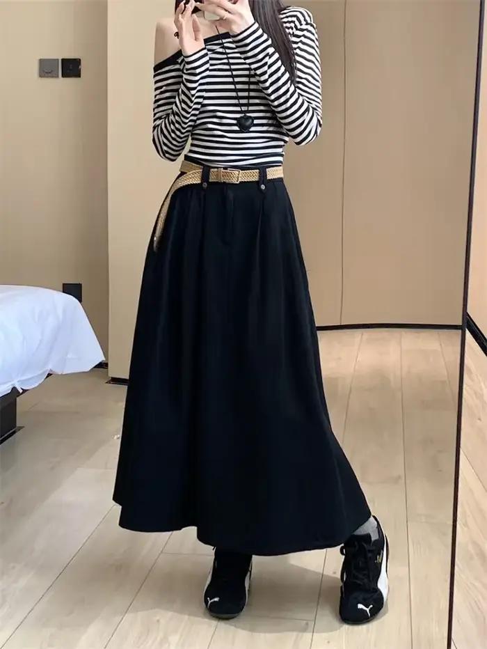 Jupe trapèze taille haute pour femme, jupe longue monochrome, Harajuku, coréen, nouveau, 2025
