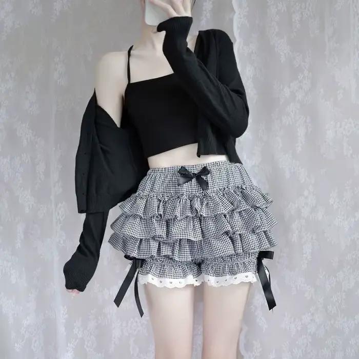 Jupe mi-longue d'été à taille haute à carreaux, jupe-short moelleuse anti-transparence, style Lolita