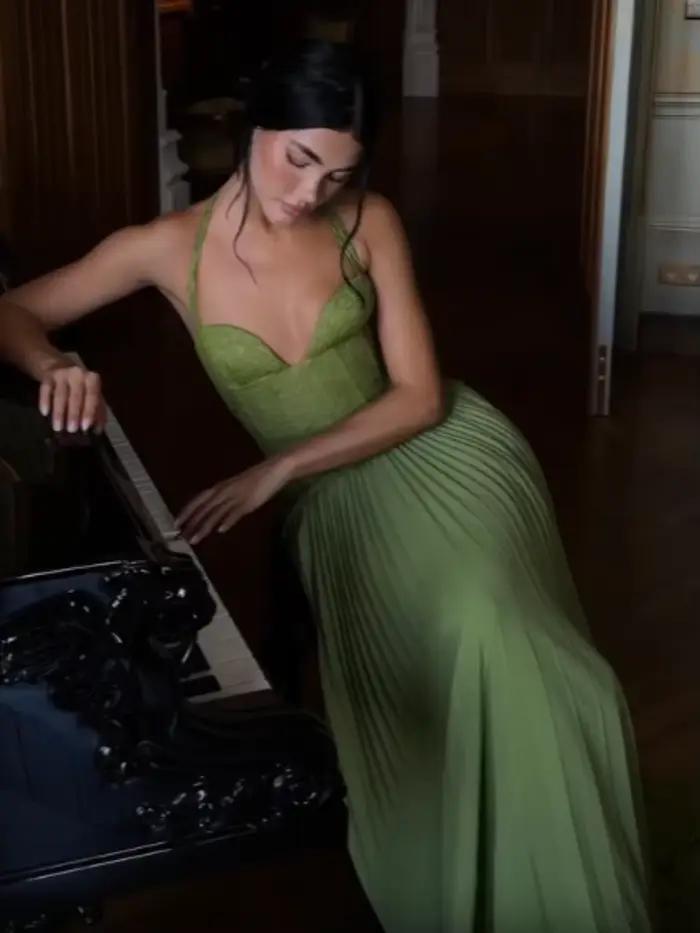 Élégante Robe Longue Plissée Vert Olive pour Femme, Robe Maxi Halter Corset, Nouvelle Collection Été