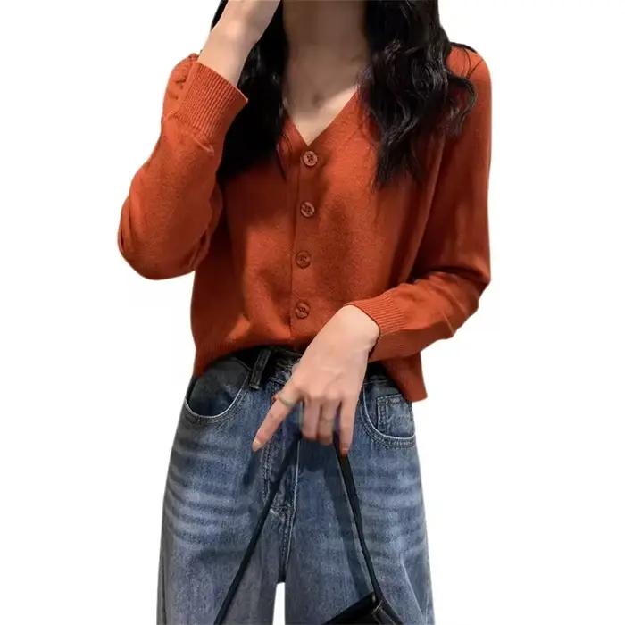 Cardigan court à manches longues pour femmes, col en V, boutonné, tricot, automne et printemps, pull