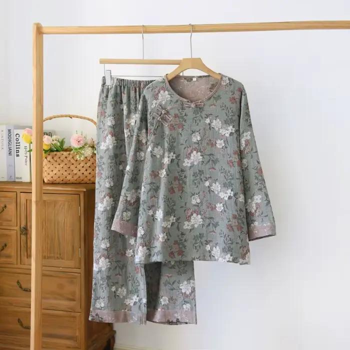 FjHome-Pyjama à manches longues pour hommes et femmes d'âge moyen, pyjama double couche, gaze teint 