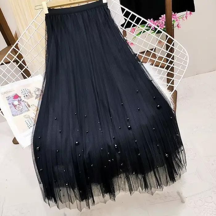 Jupe Midi Plissée en Maille pour Femme, Chic, Perle, Esthétique, Vacances, Douce, Tempère, Printemps