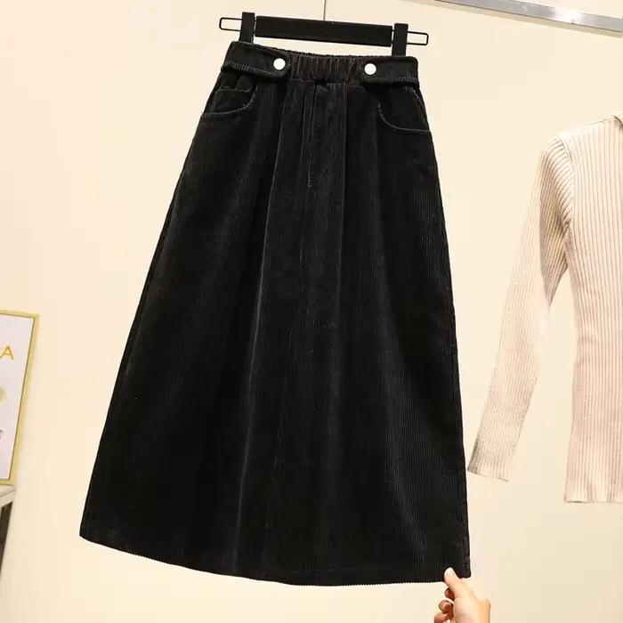 Jupe trapèze en velours côtelé pour femme, taille élastique, mi-longue, mode décontractée, automne, 
