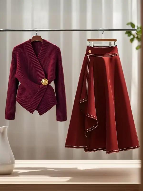 Pull tricoté rouge pour femmes, vêtements d'automne/hiver, nouvelle jupe longue légère de luxe, ense