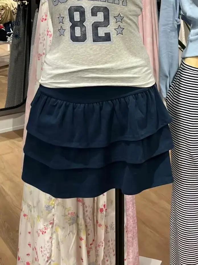 Mini jupes à volants à plusieurs niveaux pour femme, taille haute, ligne a, courtes, Vintage, marine