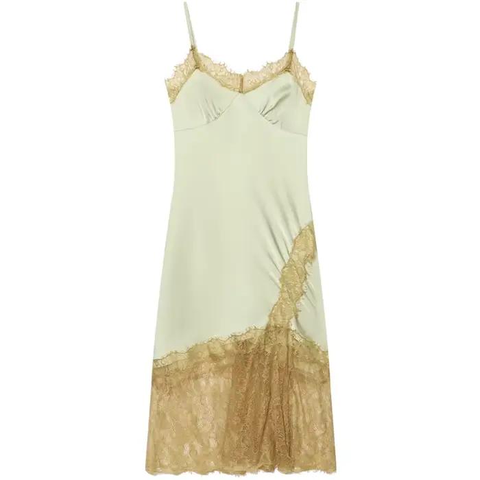 Robe midi en satin verte pour femme, style nuisette, avec dentelle, sexy, dos nu, sans manches, élég