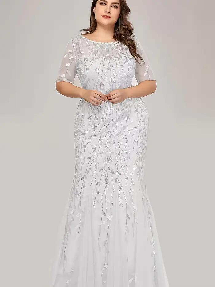 Robe de soirée sirène grande taille pour femme, manches mi-longues, col rond, broderie de feuilles e