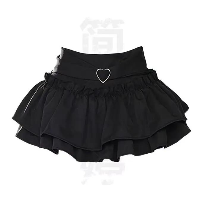 Mini jupe Lolita douce Kawaii pour femmes, jupe plissée à volants, noir et rose, vêtements mignons j
