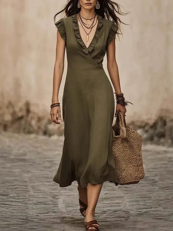 Robe midi en lin français pour femme, col en V, manches bouffantes, taille cintrée, robe longue déco