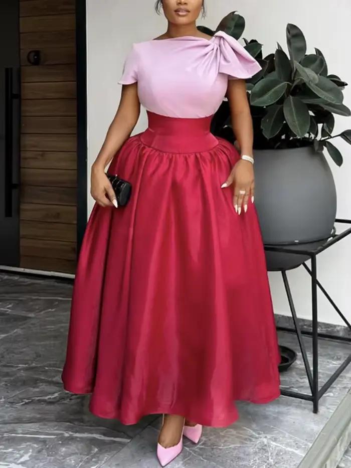 Robes Maxi bloc de couleur rouge pour femmes, manches courtes, taille haute, ligne A, mode Slim, fêt